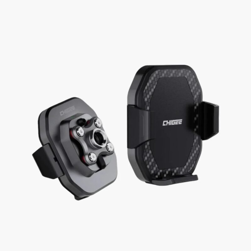 Chigee CG2 wireless charger phone holder mounted in a car, holding a smartphone with glowing charging indicator.