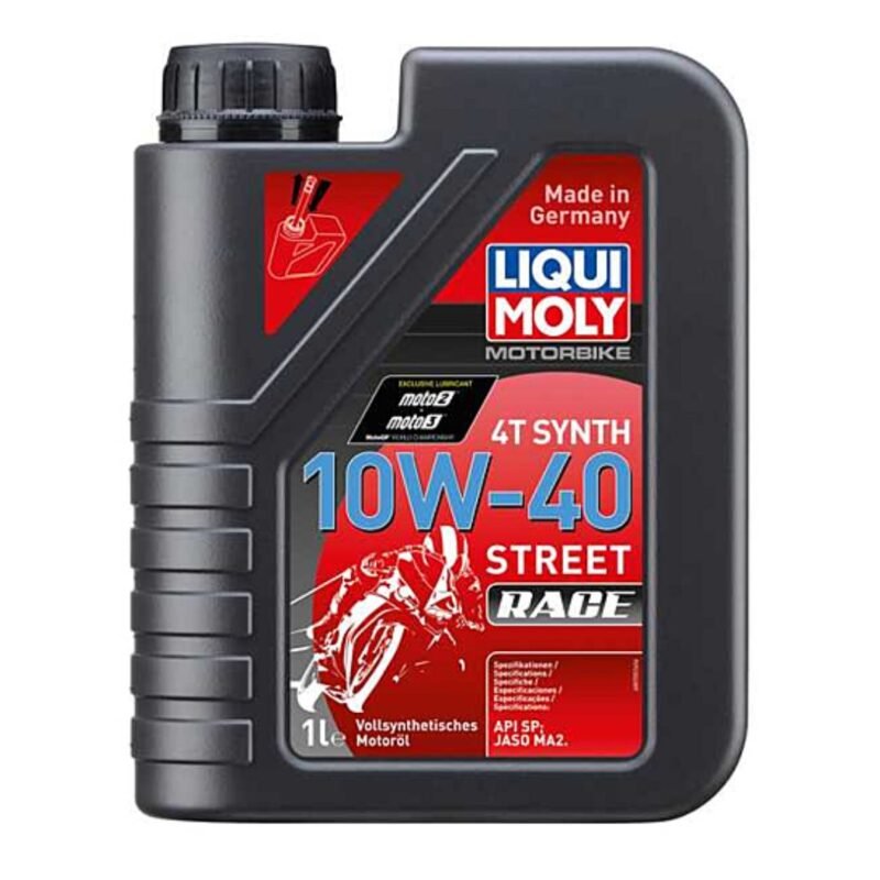 Liqui Moly Motorbike 4T 10W-40 Street Race synthetic oil bottle placed beside a high-performance sports motorcycle