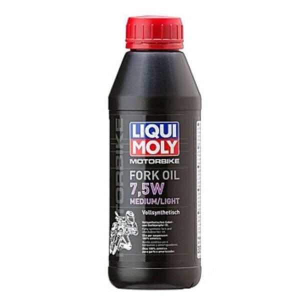 Image of a high-performance motorbike fork oil bottle labeled "7.5W Medium/Light," placed beside a gleaming suspension fork under natural light, symbolizing smooth, reliable suspension performance.