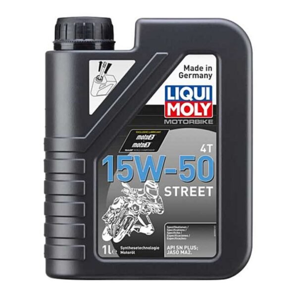 Bottle of LIQUI MOLY Motorbike 4T 15W-50 Street Oil – high-performance motorcycle engine oil designed for 4-stroke engines with excellent wear protection and smooth clutch operation