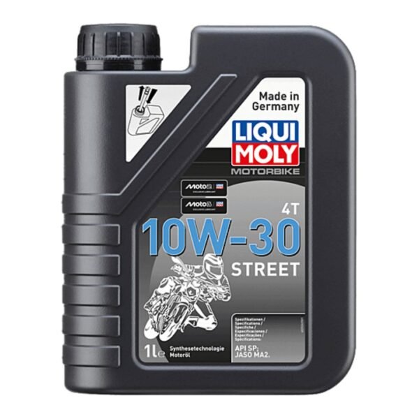 LIQUI MOLY Motorbike 4T 10W-30 Street synthetic oil bottle designed for high-performance 4-stroke motorcycle engines.