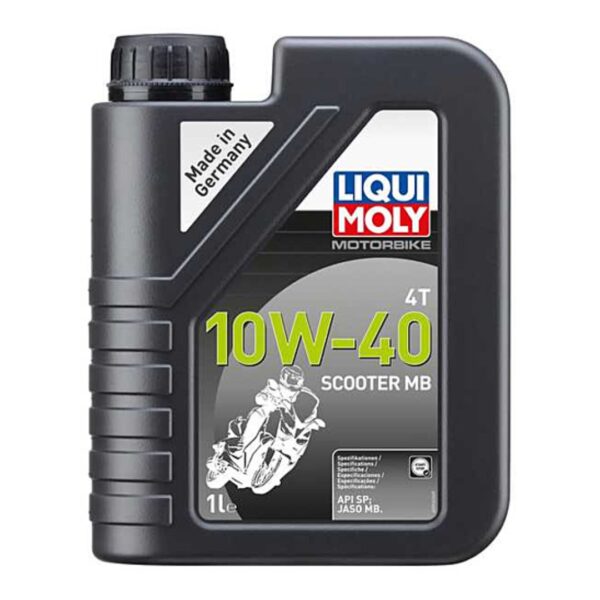 Bottle of LIQUI MOLY Motorbike 4T 10W-40 Scooter MB Formula oil placed on a clean workshop bench next to a modern scooter engine.