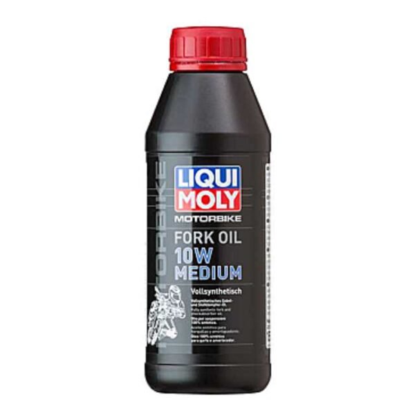 A sleek bottle of Liqui Moly Motorbike Fork Oil 10W Medium against a neutral background, highlighting its durable label and purpose-built design.