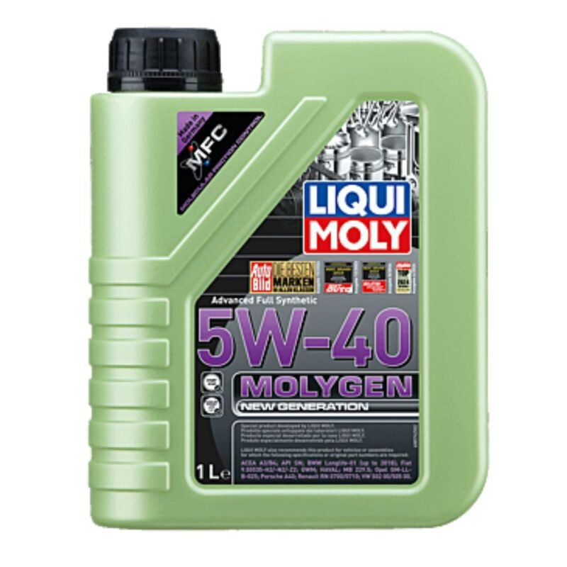 Bottle of Molygen New Generation 5W-40 synthetic engine oil, known for its fluorescent green formula and superior friction-reducing properties.