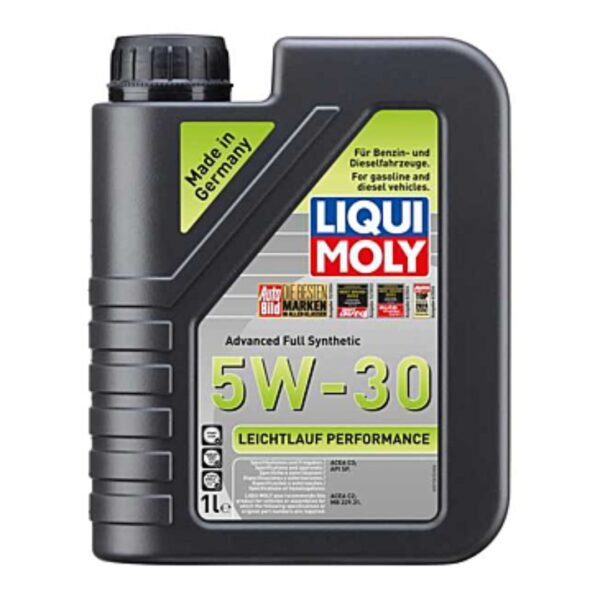 "Bottle of LIQUI MOLY Leichtlauf Performance 5W-30 synthetic engine oil.